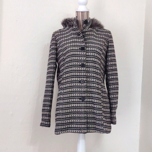 JACK by BB Dakota Wool Blend Tweed Button Front Coat w/ Faux Fur Hood Size M - Picture 1 of 16